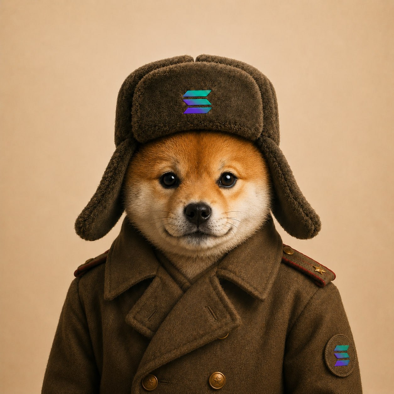 portrait of a dog in a soviet ushanka hat and military coat